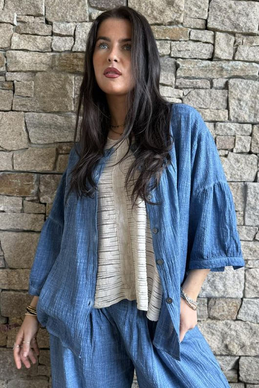 Loom & Thread Pin Tuck Blouse Washed Denim /40=